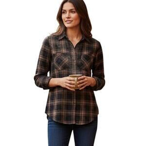 Peruvian Connection Women's Black Brown Plaid Shirt Size XS